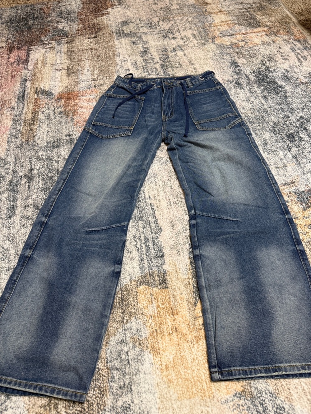 SHEIN Dark Blue Wide Leg Jeans with Front Patch Pockets